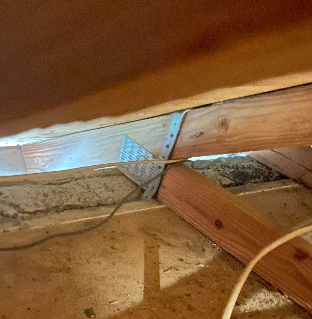 Roof-to-wall hurricane strap connection detail in a Tampa Bay attic