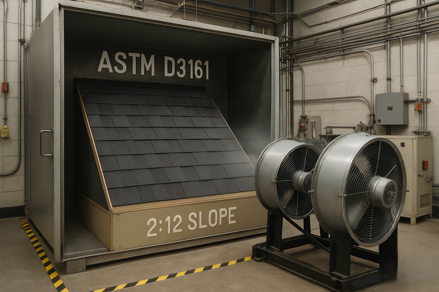 ASTM D3161 shingle wind resistance testing chamber with industrial fans — 2:12 slope setup